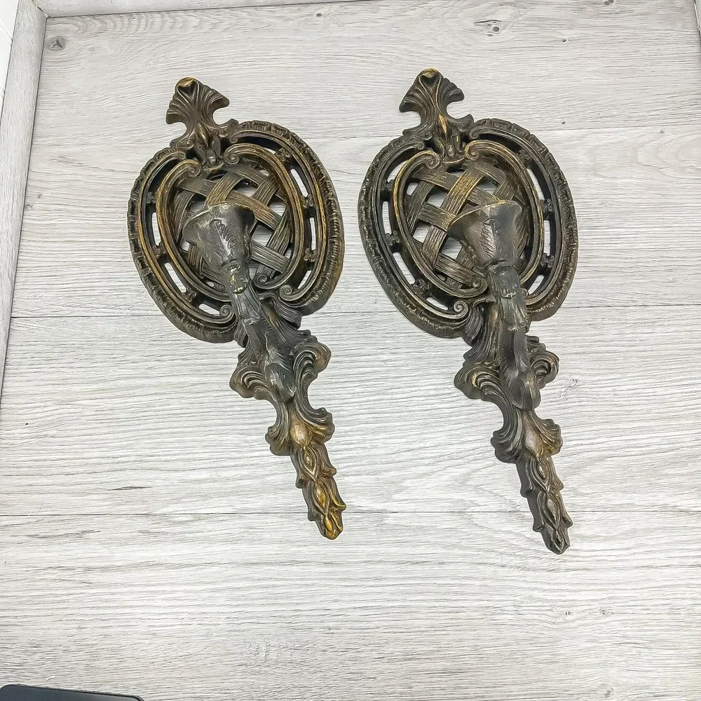 Vintage Faux Wicker Resin‎ Sconce Candleholder Set - Made in USA